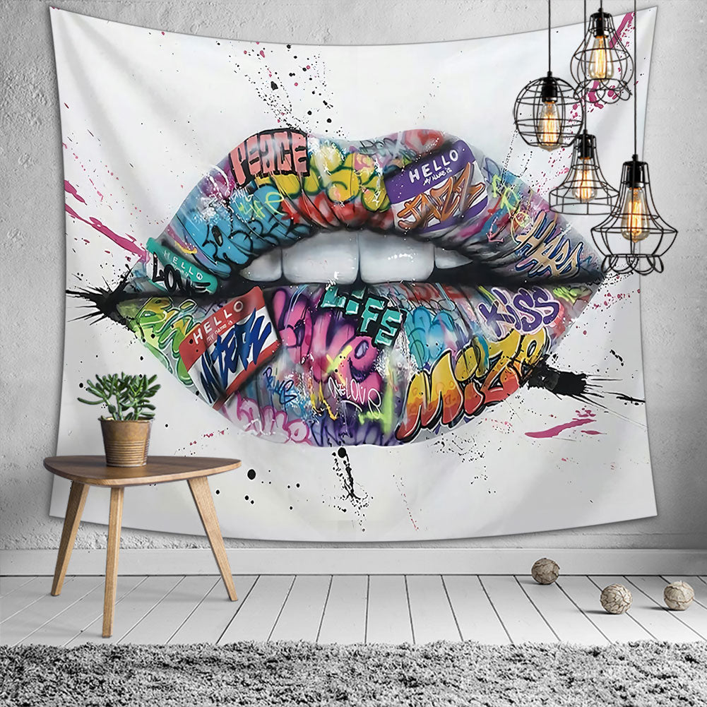 Sexy Glossy Lips Tapestry, Lips Bitting Wall Hanging, Living Room